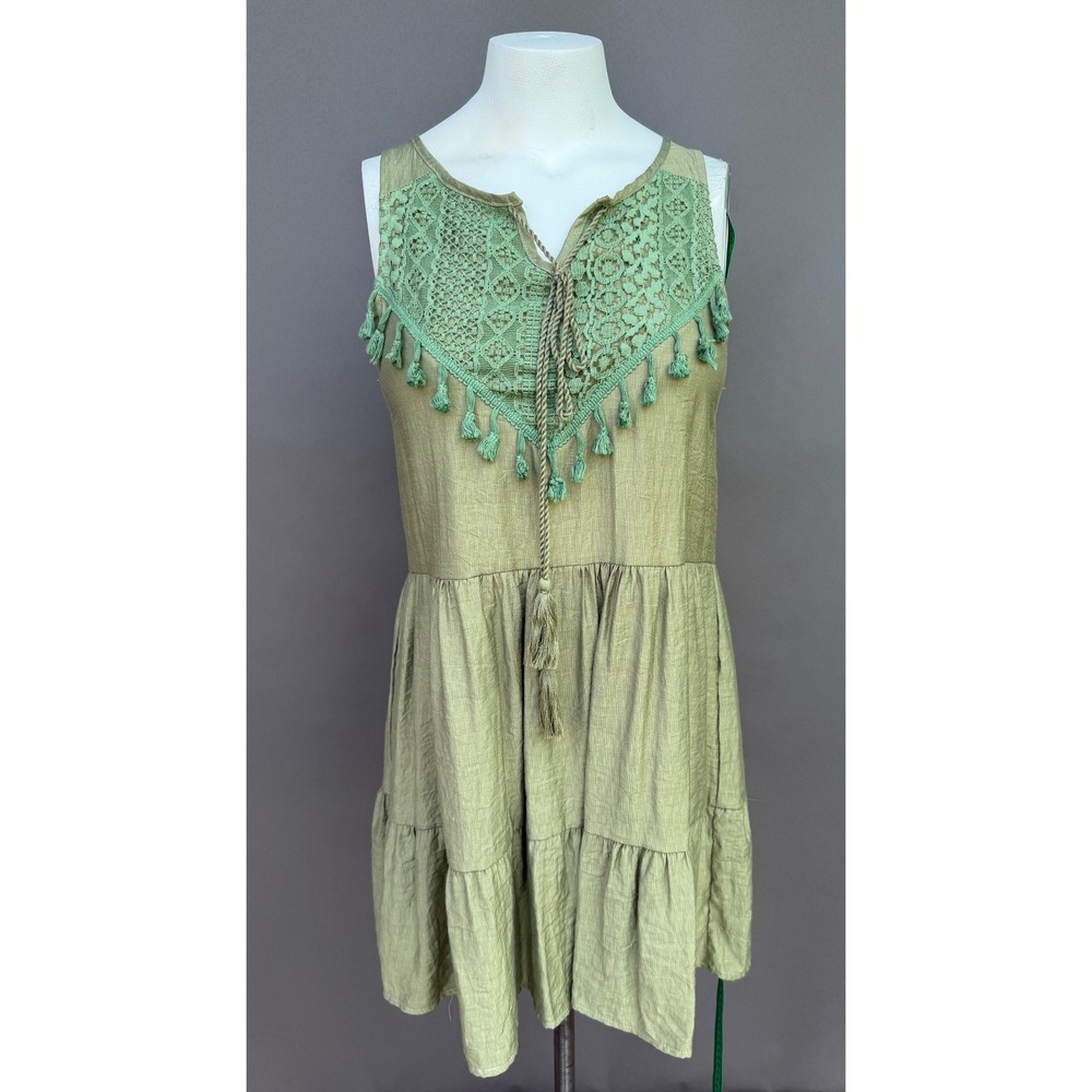C+D+M Green Lace Tassel Boho Tiered Dress Small Sage Crochet Festival Peasant